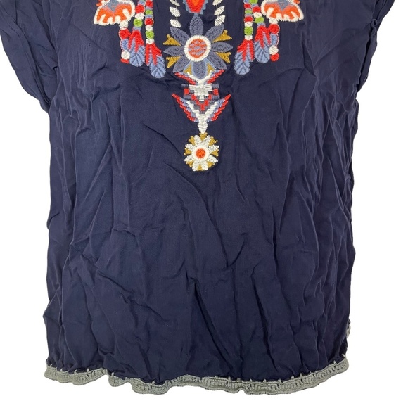 TEA N ROSE Embroidered Navy Blue Short Sleeve Pop Over Blouse Top Shirt Boho  S - Picture 4 of 16
